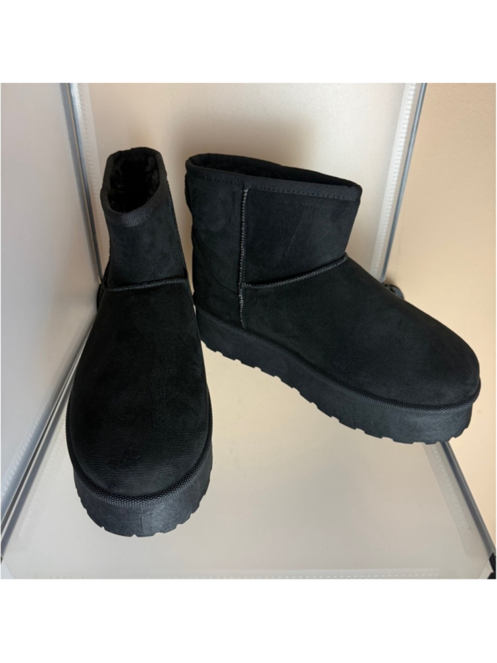 Women's Furry Faux Suede Ankle Platform Booties Black Size 7